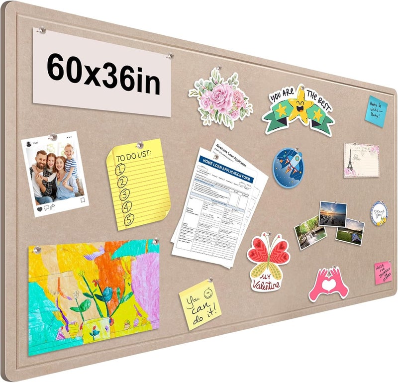 Bcabo Foldable Large Bulletin Board, 60x36 Inches Cork Board Alternative, Large Felt Board Decorative Pin Board for Wall, Foldable Photo Board Self-Adhesive Vision Board with 36 Pushpins Khaki - Image 1